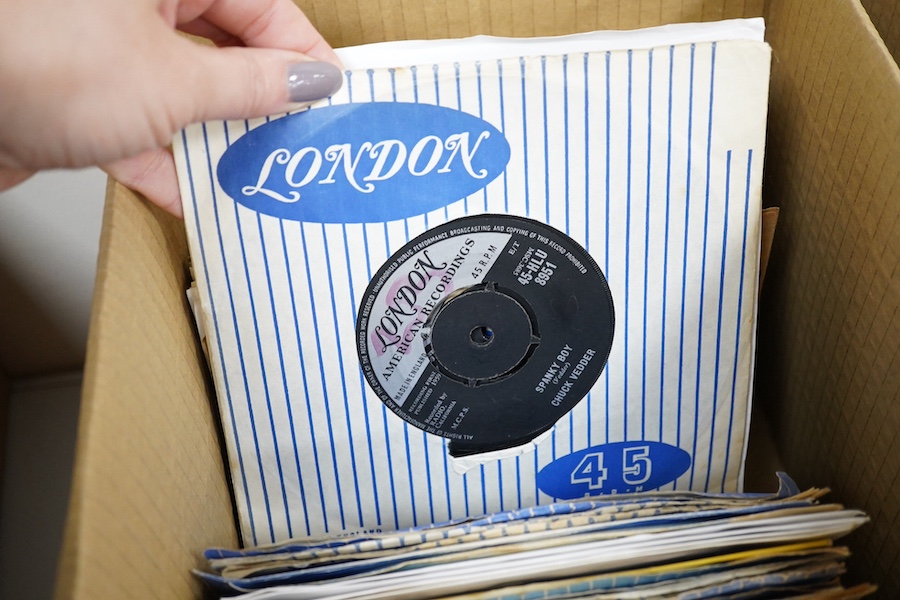 Four boxes of 7 inch singles, all on the London label, artists include; Johnny and the Hurricanes, Fats Domino, Duane Eddy, Paul Evans, Sandy Nelson, Bobby Vee, Ray Peterson, Carole King, Ricky Nelson, the Everly Brother